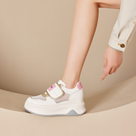 2024 New Small Size Mesh White Shoes Women's Thick Sole Height Increased Korean Style Torre Shoes Women's Velcro Casual Women's Shoes