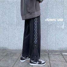 复古格子牛仔裤男秋装新款潮牌ins宽松阔腿老爹裤直筒高街长裤潮