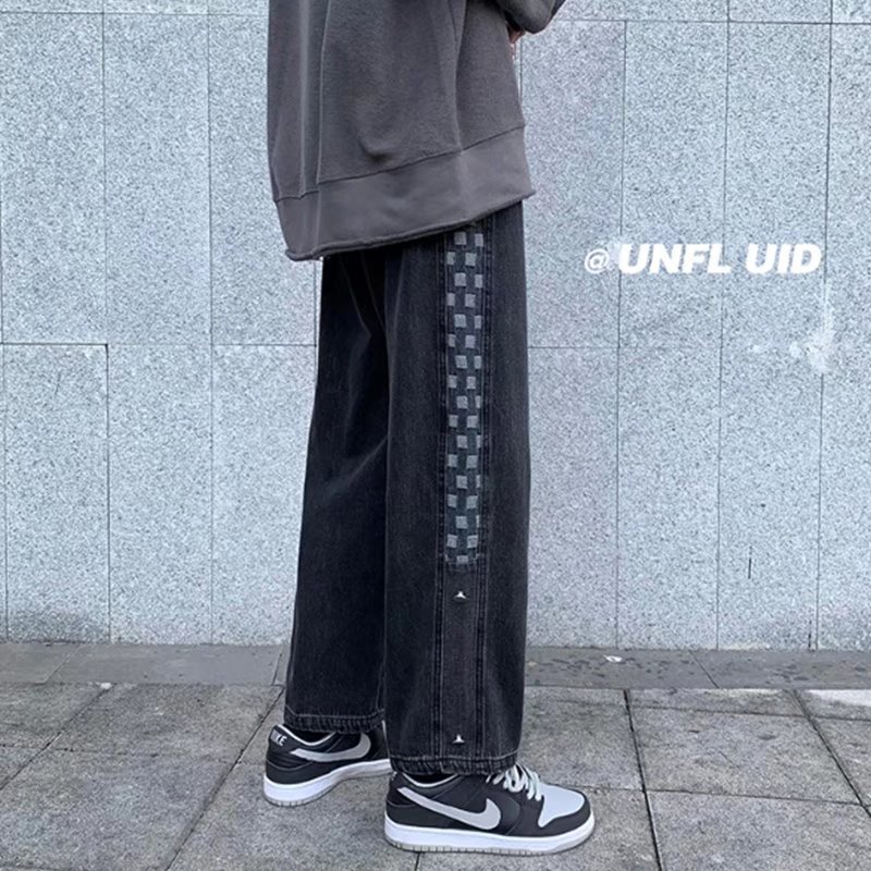 复古格子牛仔裤男秋装新款潮牌ins宽松阔腿老爹裤直筒高街长裤潮