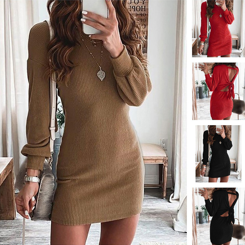 2024 Autumn and Winter New European and American Cross-Border Amazon Wish Skirt Pure Color Backless One-Piece Mid-Waist Mini Dress