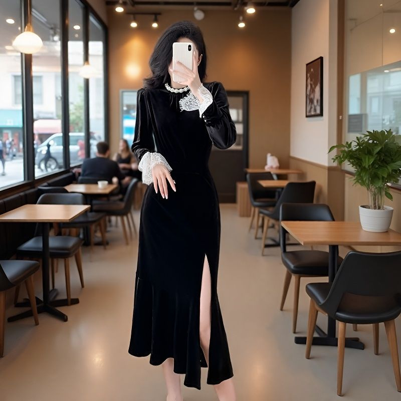 黑色丝绒连衣裙女2025秋冬新款法式复古赫本风包臀开叉鱼尾长裙子|undefined
