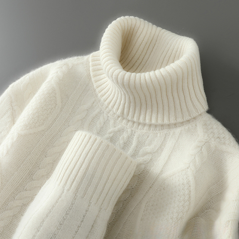 Men's high-neck thick wool sweater, 100% pure wool pullover, long-sleeve knitted sweater, new loose-fitting cashmere base layer
