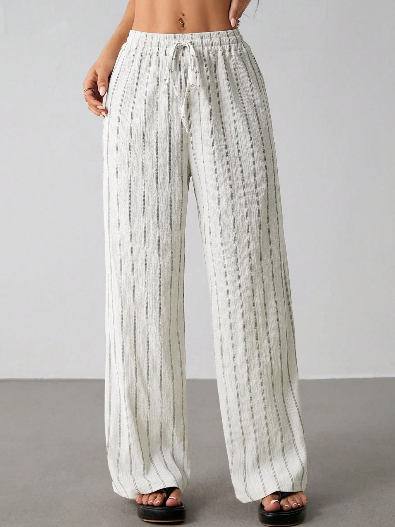 Damen Freizeithose Locker Gestreift Mit Elastischem Kordelzug_voghion.com