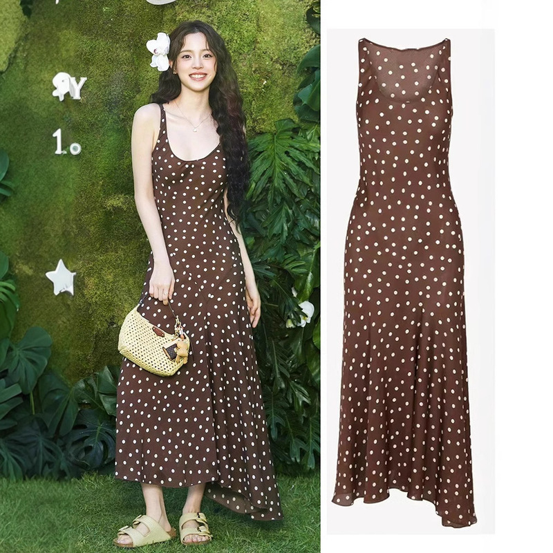 Ouyang Nana's Same Polka Dot Dress, French Retro Long Skirt, Sleeveless Slim Suspender Skirt, Seaside Resort Style