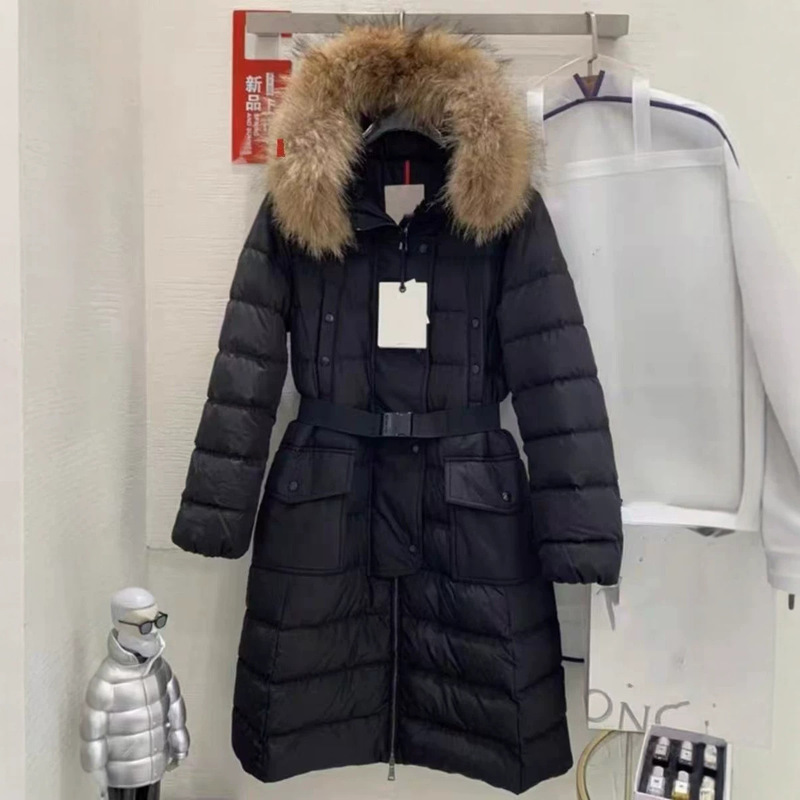 Women's long down coat with large fur collar, winter waist-cinching belt, slimming over-the-knee jacket with hood and large pockets, thickened Women's long down coat with large fur collar, winter waist-cinching belt, slimming over-the-knee jacket with hood and large pockets, thickened