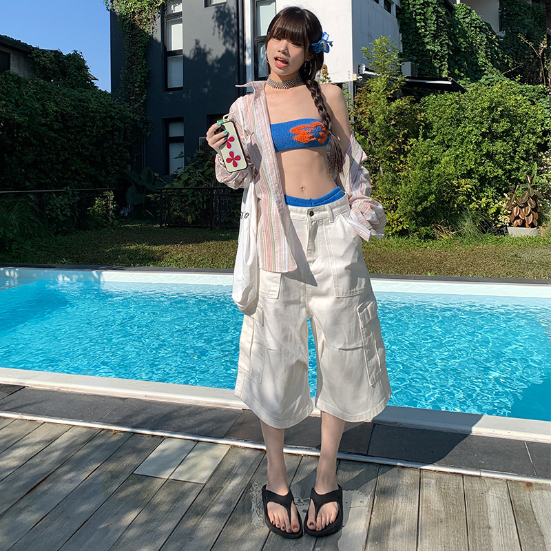 High Street American White Tooling Denim Shorts Women's Summer Spice Girls Multi-Pocket Niche Design Loose Cropped Pants