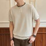 ZH8102-MW男女同款潮牌拼接时尚通勤假两件亨利领针织短袖T恤，男装针织衫/毛衣，星座614