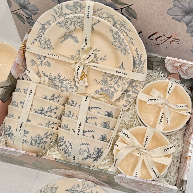 Azure French Retro Dishware Set Household Tableware 2025 New High-Looking Bowls and Plates Rice Bowls Optional Housewarming Gift