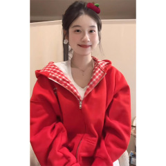 2025新款红色拉链开衫连帽卫衣女秋冬宽松oversize设计感百搭外套