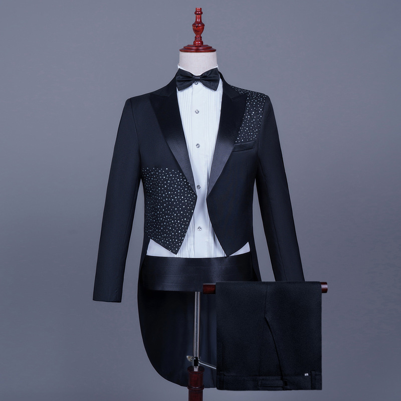 Men's Rhinestone Dovetail Four-Piece Suit suit Host Magic MC Choral Dress Single West Stage Performance Suit Men's Rhinestone Dovetail Four-Piece Suit suit Host Magic MC Choral Dress Single West Stage Performance Suit