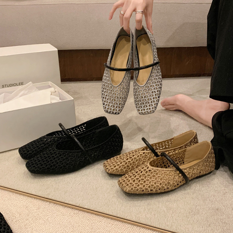 グレープマムと同じスタイルの羊革バージョン、フレンチスクエアトゥ中空織メッシュメリージェーンシューズ、女性用ワンストラップパンプス|undefined