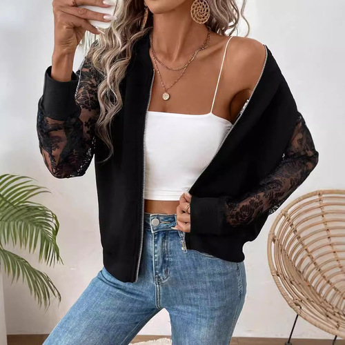 Eurasian Cross-border 2025 Spring New Elegant Women's Lace Patchwork Long-Sleeve Baseball Collar Jacket Top Outerwear