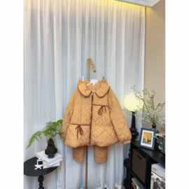 韩版娃娃领蝴蝶结菱格黑边夹棉睡衣女秋冬季保暖家居服套装可外穿