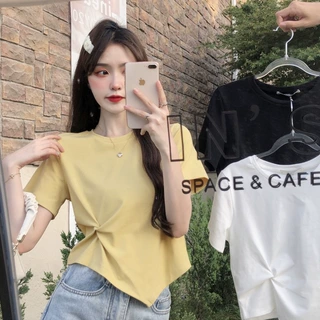 纯棉正肩短袖t恤女夏新款修身不规则短款上衣设计感小众半袖体桖