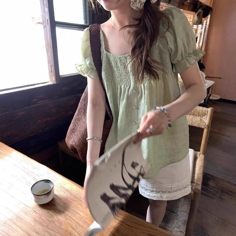 Iris in the Mist Square Neck Puff Sleeve Top Women's Summer Mesh Lace Splicing Striped Sweet Baby Doll Top