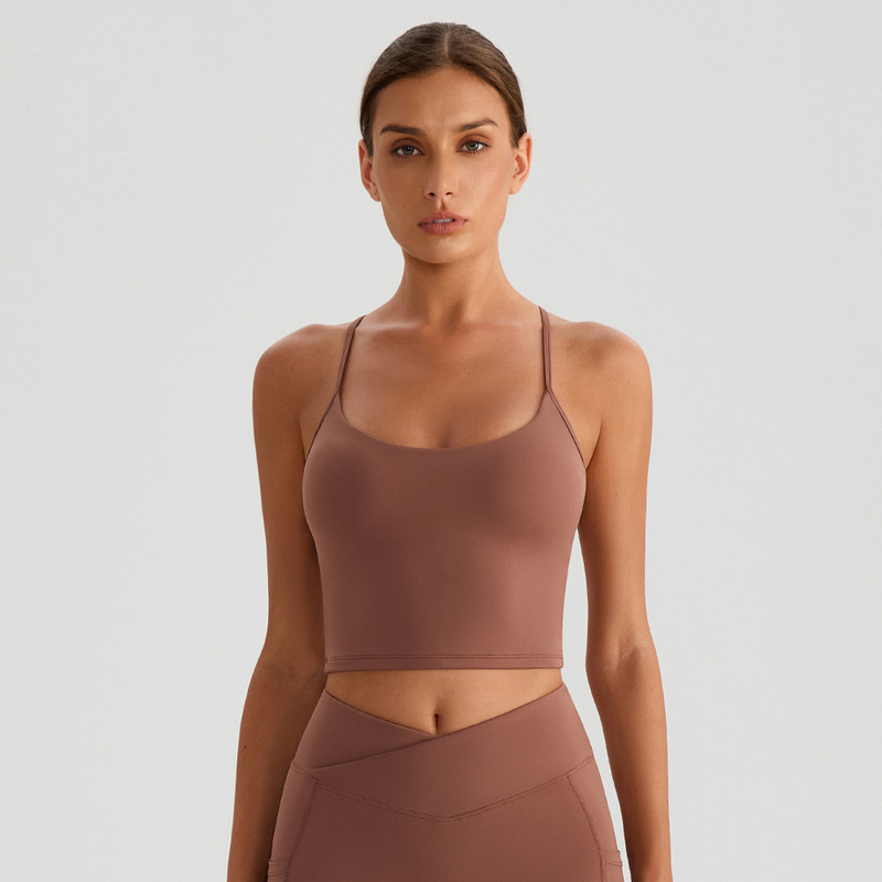Nude-Colored Square-Neck Spaghetti Strap Yoga Tank Top for Women with Chest Pads, Short Style, Exposed Waist, Sports Bra, Fitness Innerwear Top