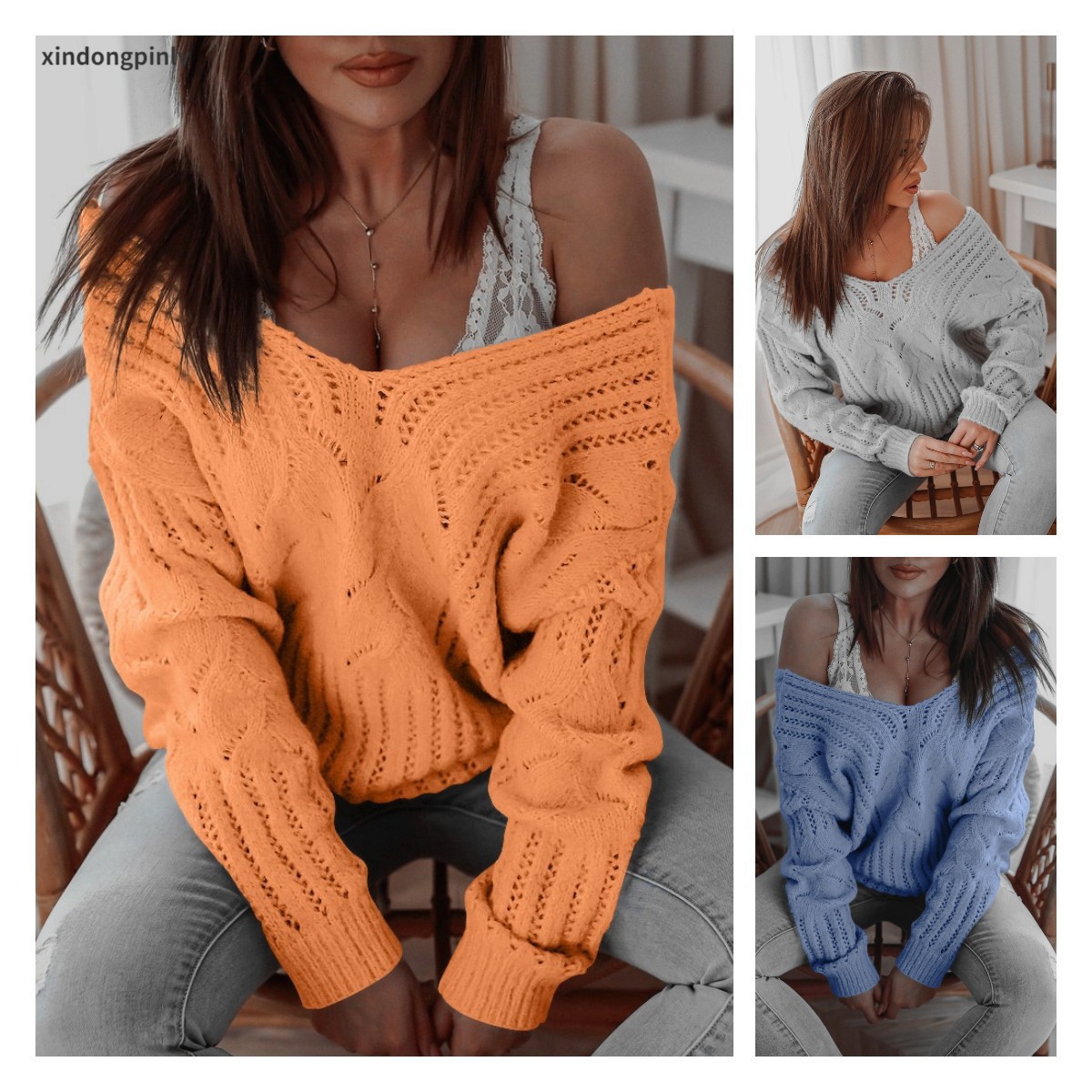 2024 Autumn/Winter Women's New Style Front and Rear Double V-neck Two sided Off Shoulder Casual Coat Knitted Sweater_voghion.com
