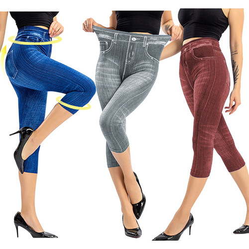Bestselling Long Pants Striped Pattern Denim-Like Leggings Print Pants Wearable Exercise High-Elastic Slimming Seven-Eighth Pants