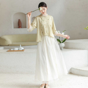 2025 Summer New Improved Version of Chinese Literary Tang Suit Loose Version Zen Tea Person Suit Tang Suit Two-Piece Skirt
