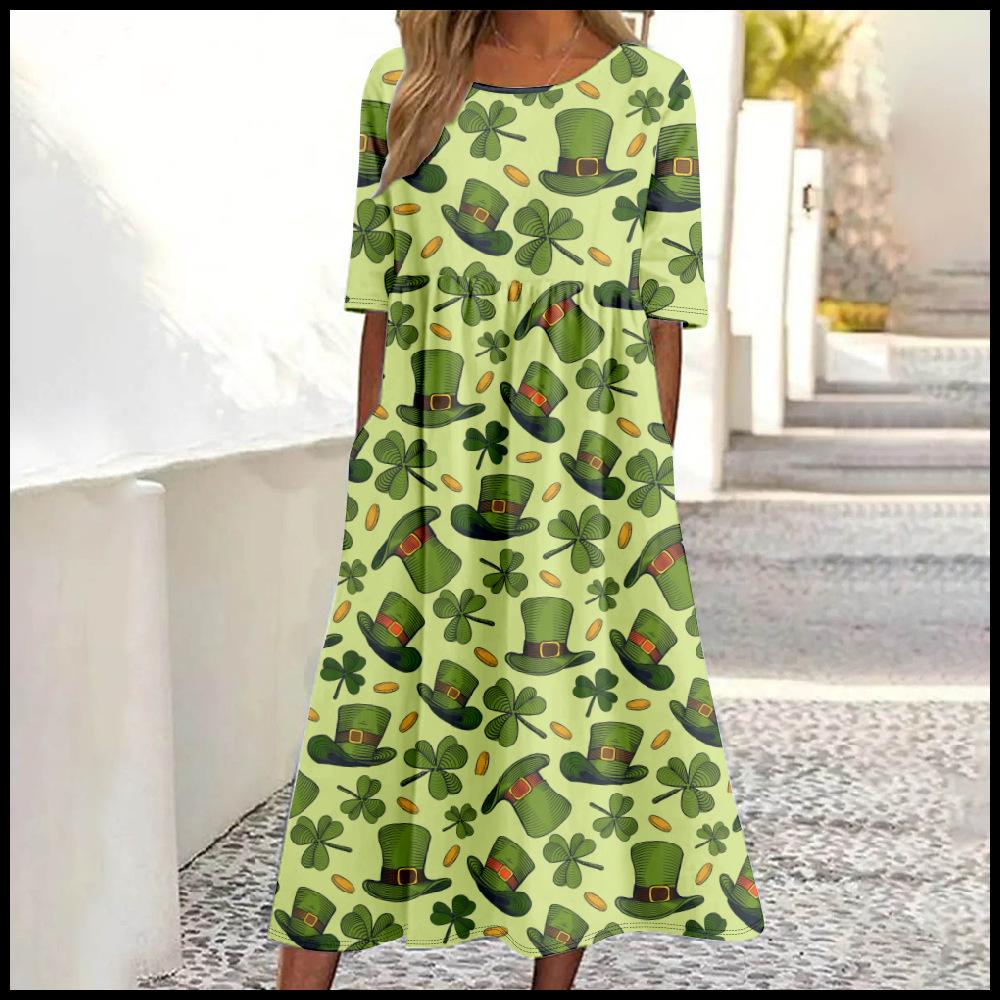 Summer Mid-Waist Women's Casual St. Patrick Flared Dress_ecoleips.com