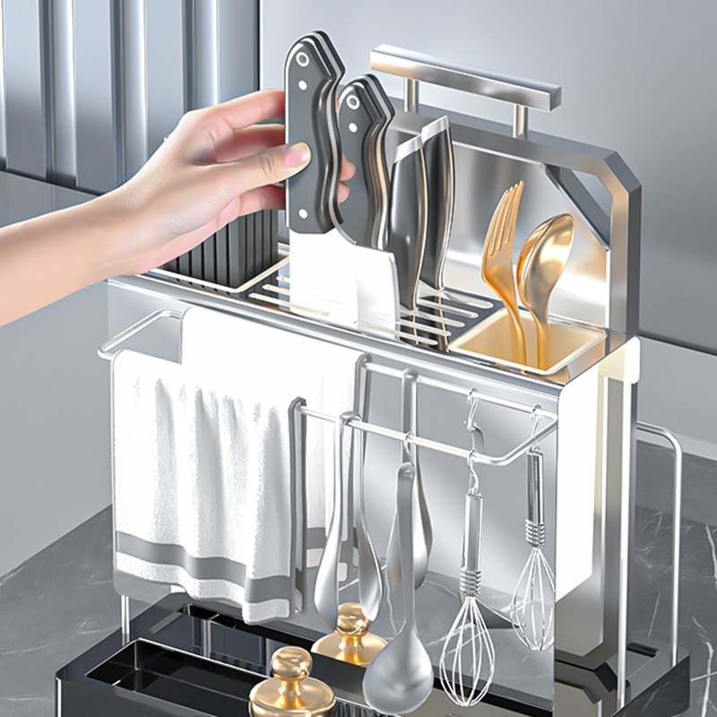 Rack de almacenamiento multifuncional de cocina de mesa de cuchillo de cocina tabla de corte palillos barril de acabado rack de almacenamiento integrado de herramientas de corte