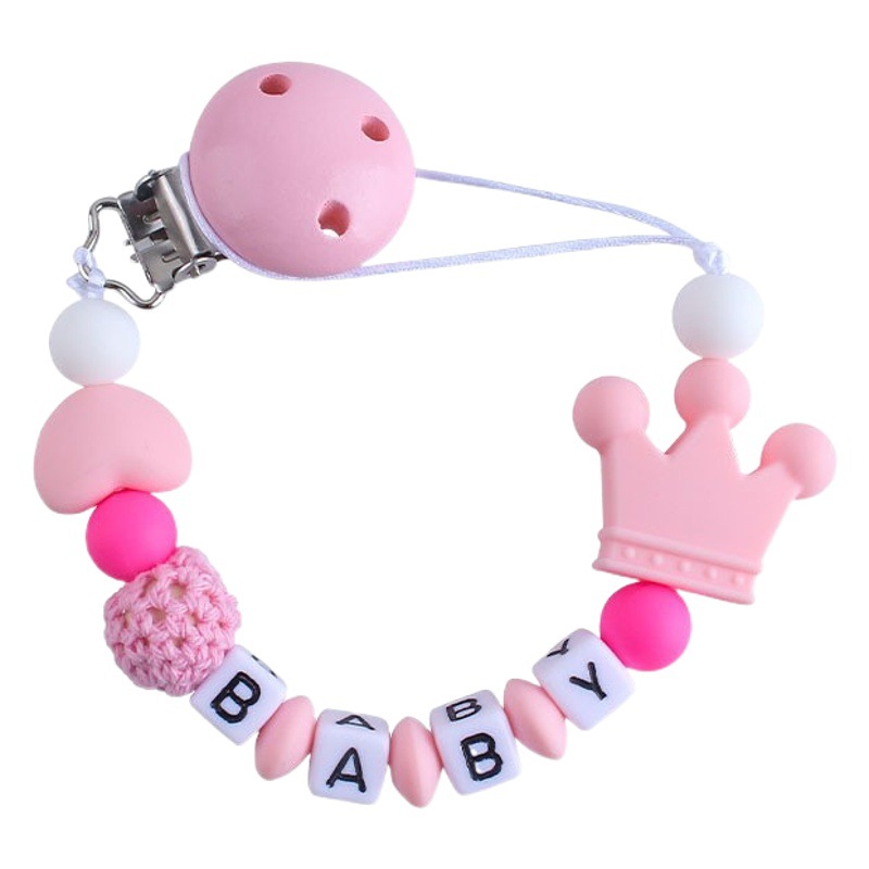 Bebé DIY creativo amor silicona corona chupete cadena juguete bebé nombre mordedor chupete cadena