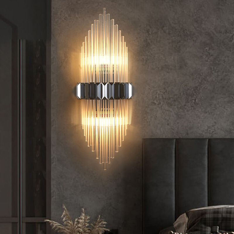 Led Light Luxury Stainless Steel Wall Lamp Villa Dimmable Indoor Wall Lamp Home Bedroom Crystal Wall Lamp Cross-Border Wholesale