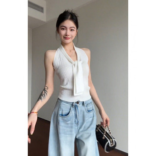 New Style Lace Splicing Neckline with Ribbons, Lazy Sleeveless Halterneck Vest, Elastic Knitted Top, Hot Style