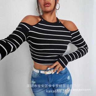 Foreign Trade Personalized Round Neck Sh European and American Amazon Ein Spring and Summer Navel-Baring Women's Tops Street Wholesale Sexy Cross-Border T-Shirts