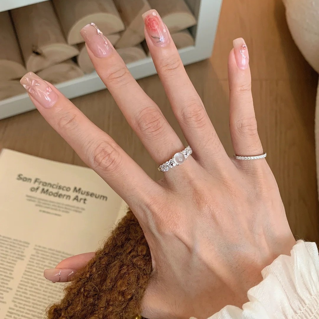 新中式水冰月玉髓戒指女時尚小眾設計微鑲鋯石寬面開口設計食指戒