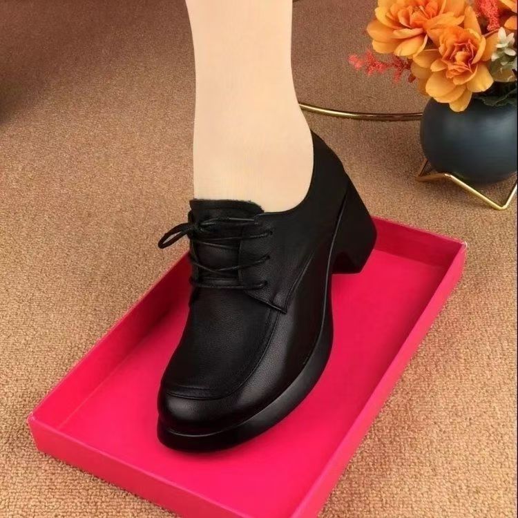 女性用シングルシューズ 2025 新しいファッション多用途レースアップラウンドトゥ厚いヒール黒平底ロートップ快適なスリッポン女性の靴|undefined