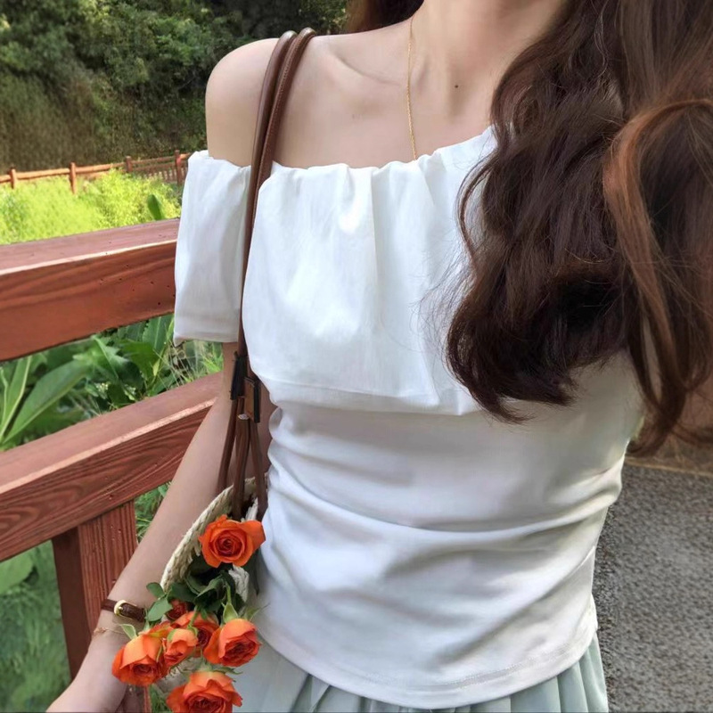 Yeyuan Korean Style Ruffled Sexy One-Shoulder Off-Shoulder Short-Sleeved T-Shirt Women's Design Off-Shoulder Slanted Shoulder Pure Cotton Top