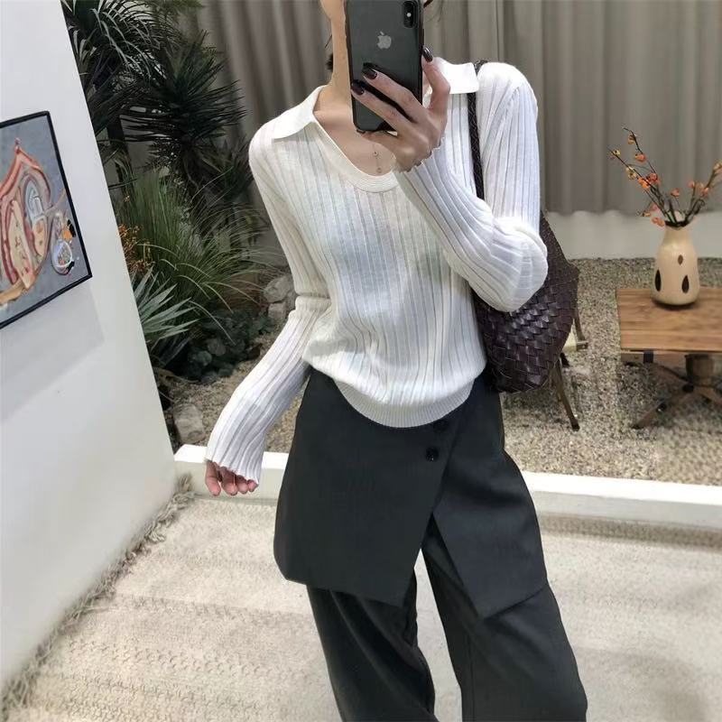 2025秋冬复古坑条羊毛针织衫女POLO衫短款翻领正肩U领打底上衣女|undefined