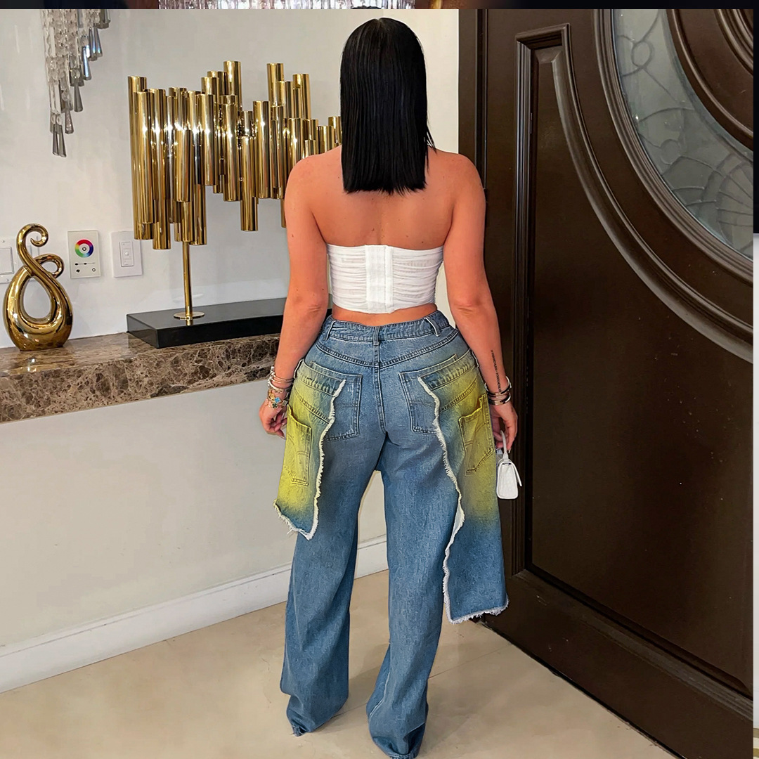 YL2568 Autumn/Winter European And American Women's Fashion Washed Ripped Spray-Dyed Loose Stretch Denim Patchwork_ecoleips.com