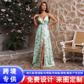 速卖通新款舞会吊带连衣裙碎花洋裙礼服交领抹胸长裙印花晚礼服女