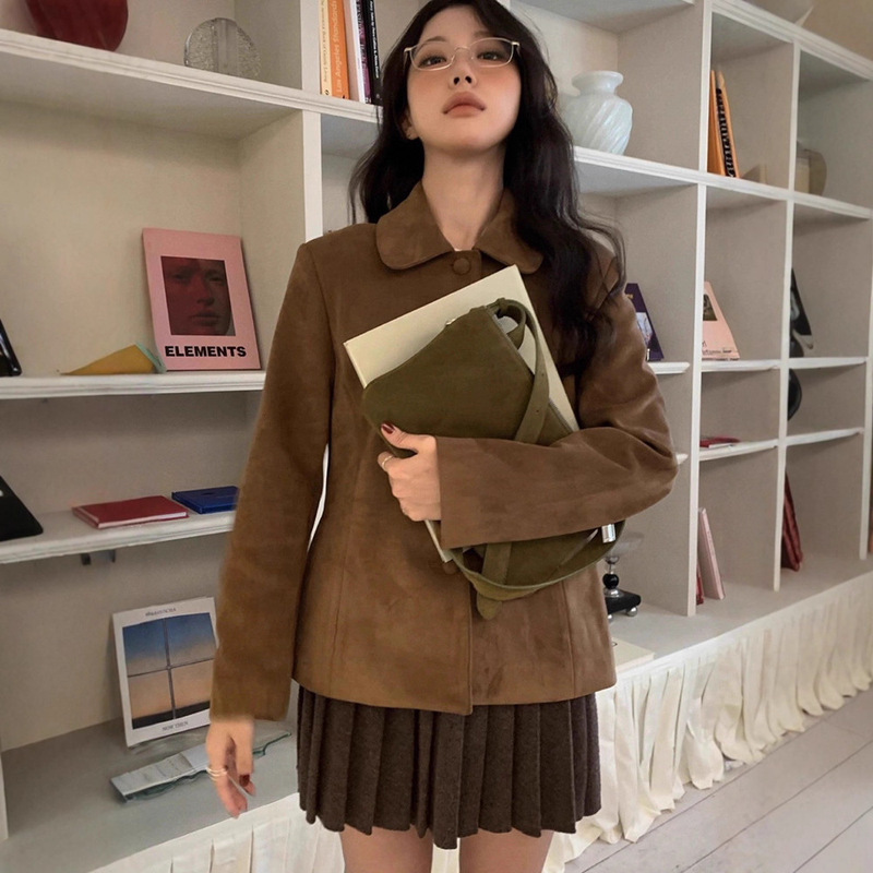 In Stock Korean Retro Suede Jacket for Women 2025 Lapel Collar Waist-Cinching Slim Short Coat Smoothmo*D