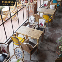 餐饮饭店烧烤店实木桌椅书店奶茶店餐厅榆木桌椅组合长方形圆形桌