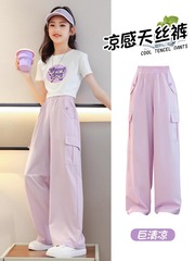 夏季女童阔腿裤儿童裤子冰丝工装裤2025新款防蚊裤女大童夏装长裤