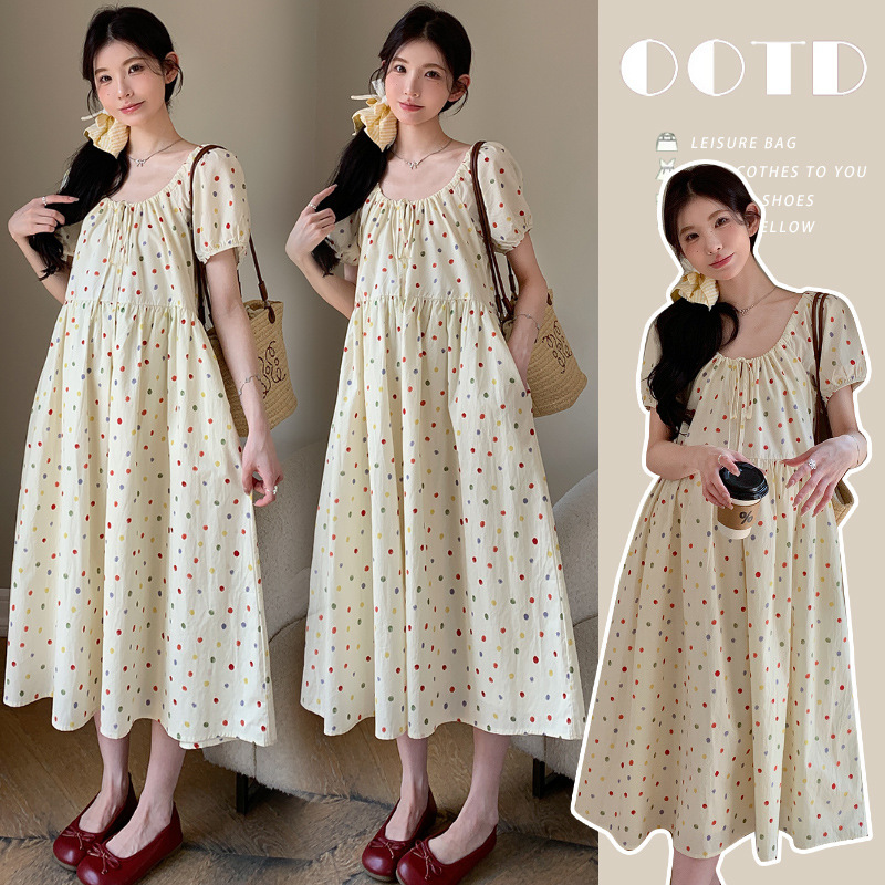 Real Shot of Ready-Made Summer Dress for Pregnant Women, Polka Dot Sweet Style, Loose Age-Reducing Design, Lace-Up Summer Long Skirt