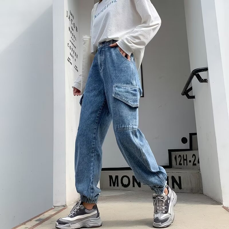 Workwear jeans for women 2024 New elastic waist slimming radish pants harem pants loose ankle-tied Daddy Pants