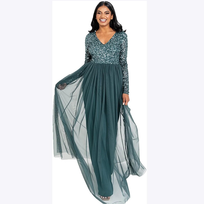 Fairy-Style Evening Dress 2026 Wedding Guest V-Neck High-Waist European and American Evening Gown Ball Fashion Long-Sleeve Dress