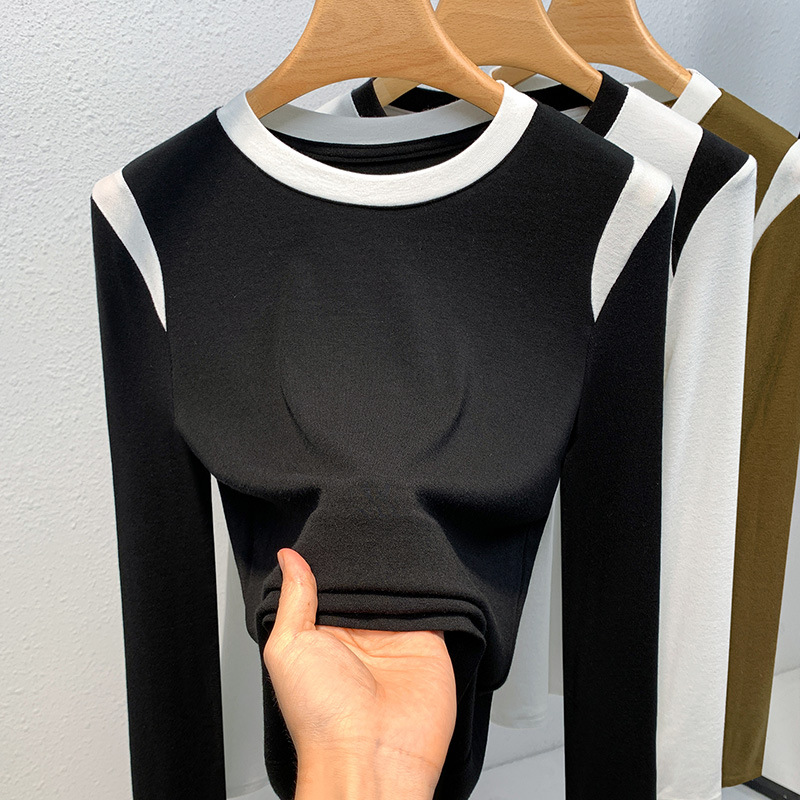 Camisa de fondo de hilo de mujer 2023 nueva ropa de mujer europea contraste color cuello redondo manga larga Camiseta cintura-apretado interior estilo occidental superior