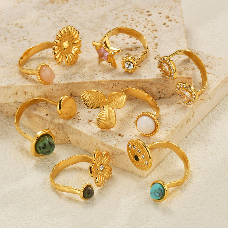 French retro titanium steel gold-plated open ring niche versatile stainless steel inlaid colorful natural stone zircon ring