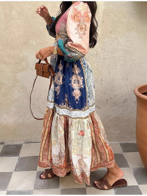 Amazon cross-border foreign trade new retro printed ethnic style long puff sleeve women's holiday commuting dress