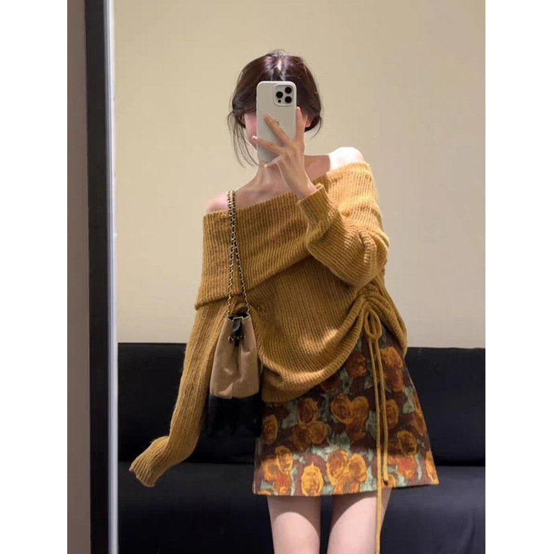小个子穿搭一整套装2025秋季新款温柔气质露肩针织衫碎花半裙女装|undefined