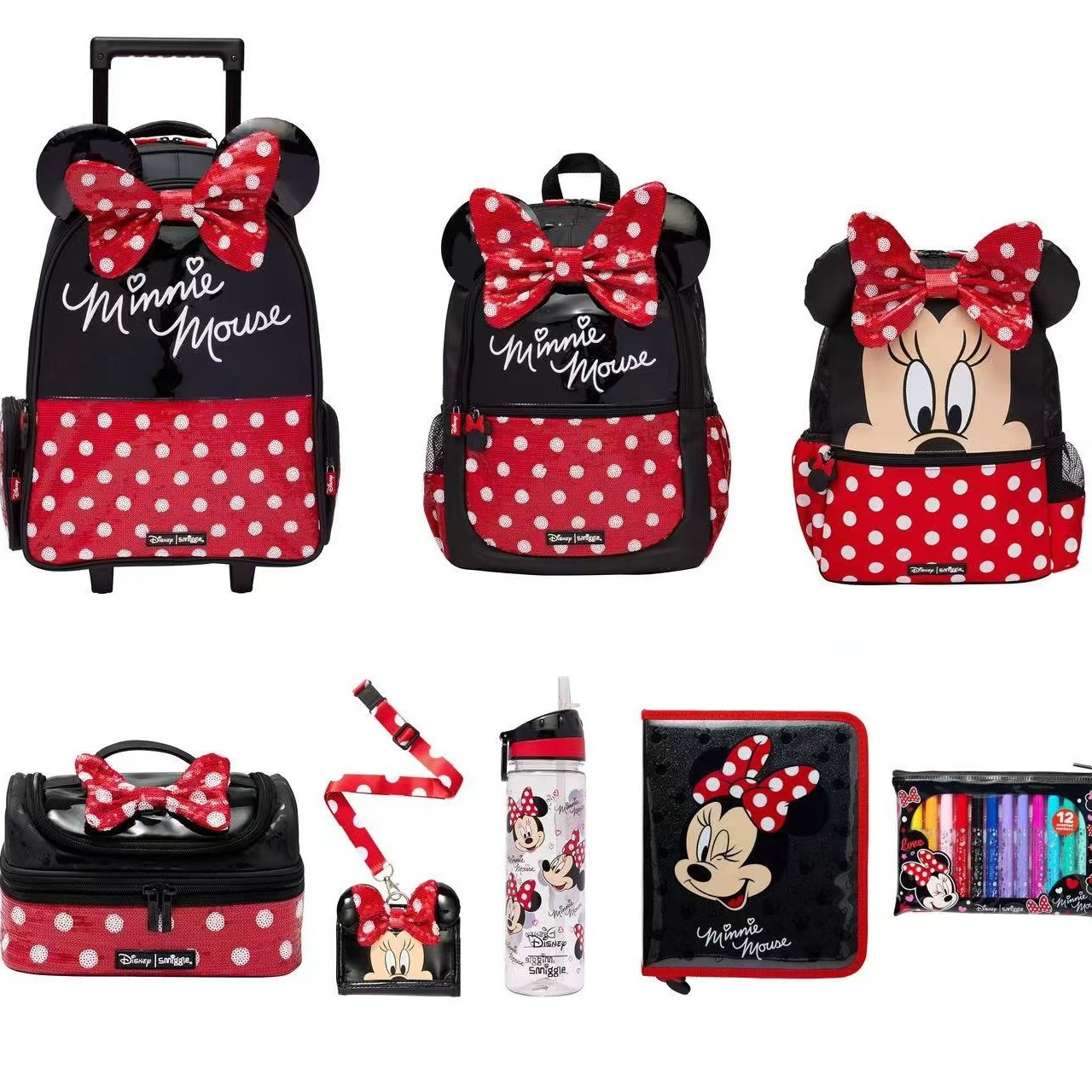 Australia Smiggle rojo Minnie serie de mochila de compresión de tirón mochila doble caja de almuerzo bolígrafo taza de agua