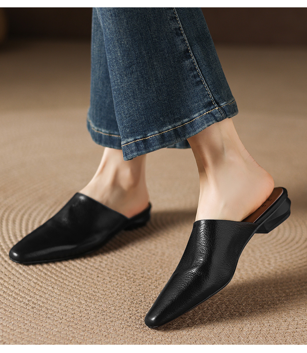 Giày mule nữ da cừu mũi vuông đế bệt — đen chi tiết 18