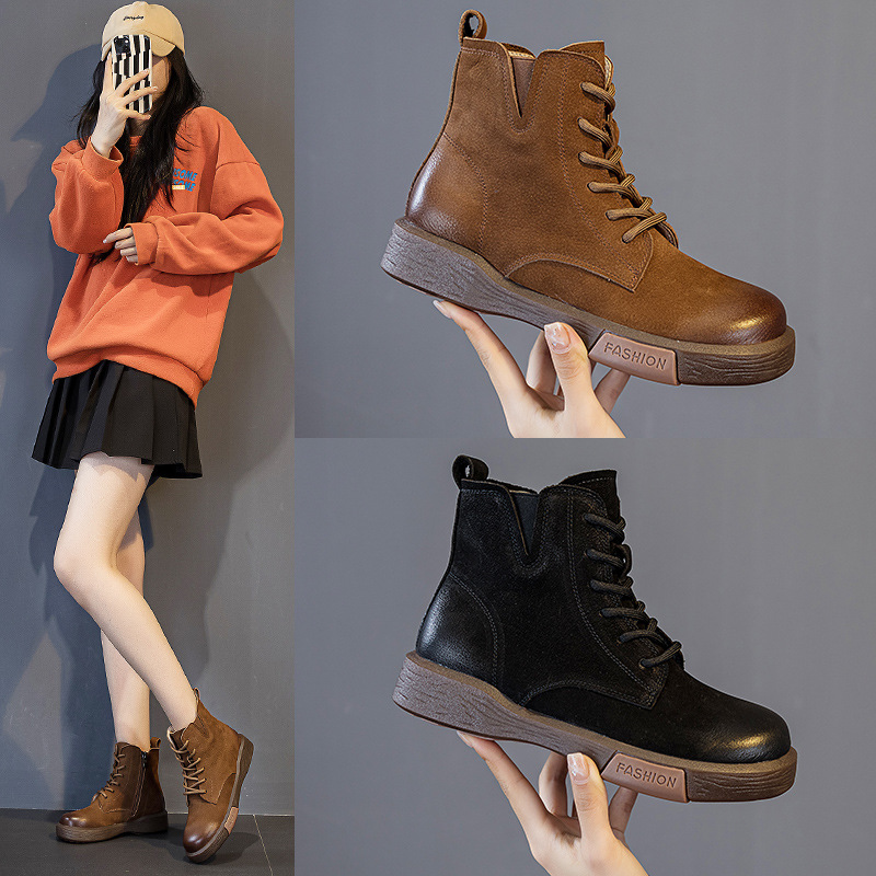 高帮鞋女2025秋冬新款头层牛皮复古系带中筒短靴子侧拉链平底单鞋