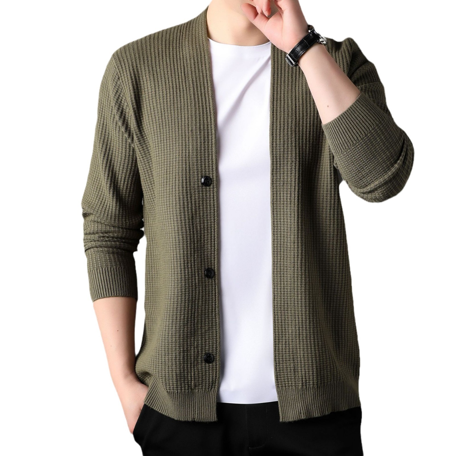 Cárdigan de punto nuevo para hombre, otoño e invierno, cómodo, sencillo, estilo diario, versátil, informal, lana sintética.