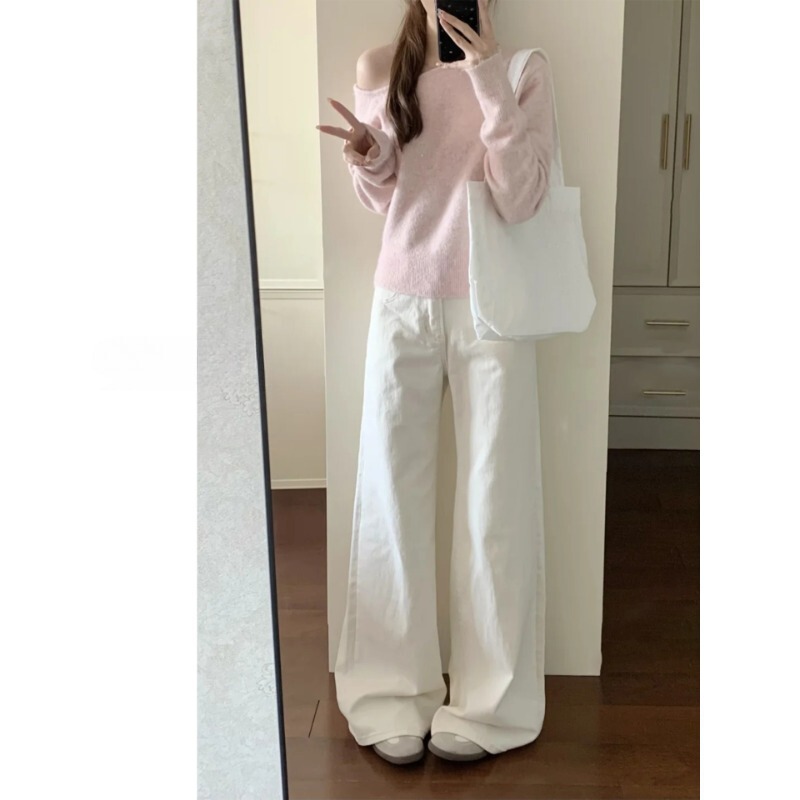 White Wide-Leg Jeans for Women, 2026 Spring New Style, High-Waisted, Slimming, Loose Fit, Petite, High-End Drape Effect, Straight-Leg Pants